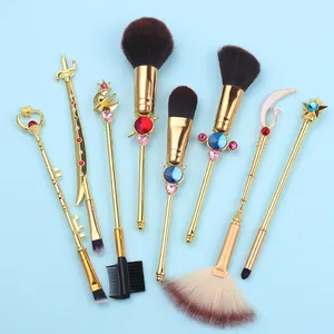 BUEART Metal Cosmetic Powder Foundation Eyeshadow Brush Kits Face Make Up Tool with Crystal Top Sailor Moon 8 pcs Makeup Brushes