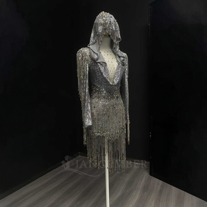 Nt13 Sequin Hooded Evening <b>Dress</b> <b>Silver</b> Fringe Long Sleeve Short Party <b>Dress</b> Jancember - Product Image 2