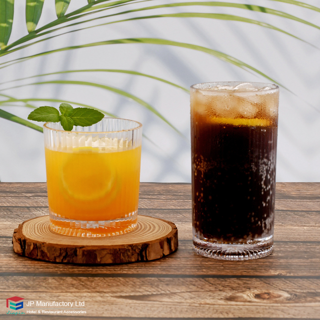 Plastic Stripe Cup Polycarbonate SAN Tritan Acrylic Ribbed Highball Glass Softdrink Cola Tumbler