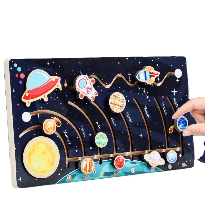 Montessori Wooden Solar System Slide Maze Board Space Planet Cognitive Baby Early Education Wooden Puzzle