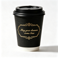 Gobelets en papier jetables imprimés avec couvercle, logo personnalisé, estampage à chaud doré, gobelet en papier noir à paroi simple