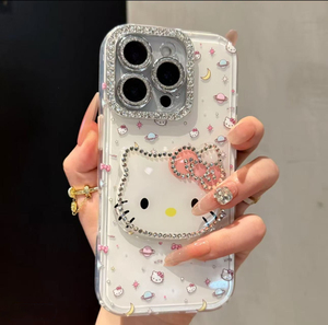 Coque de téléphone portable 3D scintillante motif chat KT en diamant de dessin animé avec cadre d'appareil photo mignon en verre DIY pour iPhone 17 Air 16 15 Pro Max - Product Image 2