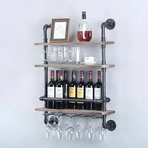 Shelf Wine Rack Wall Mounted with 5 Stem Glass Holder,24in Real Wood Shelves Kitchen Wall Shelf Unit,3-Tiers Rustic Floating Bar