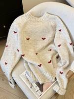 Pull en tricot pour femme, motif jacquard personnalisé, col rond, manches longues, motif cœur, fabricant OEM ODM, marque privée