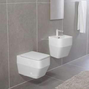 Artículos sanitarios de cerámica modernos, inodoro montado en <span class=keywords><strong>la</strong></span> pared y lavabo, juego de inodoro cuadrado para colgar en <span class=keywords><strong>la</strong></span> pared del baño - Product Image 1