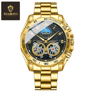 Montre mécanique à double tourbillon pour homme BINBOND, non automatique, à cadran ajouré, 44 mm, en acier inoxydable, style montre de business, étanche - Product Image 5