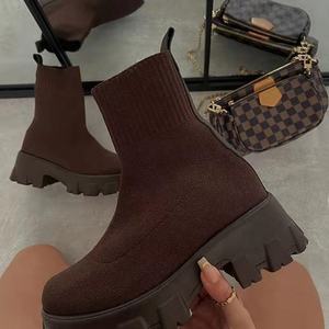 Bottes d'hiver pour femmes, taille 35-43, mode décontractée, en tricot uni, à la cheville, avec chaussettes intégrées - Product Image 3