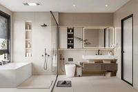 Kabinet Vanity Kamar Mandi Gantung Dinding Kayu Kontemporer dengan Pintu Kaca Lengkung untuk Penggunaan Hotel, Apartemen, dan Rumah