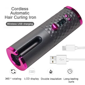 Curling Iron Wand Cordless Electric Heat Usb Auto Rotating Hair Curler With LCD Display