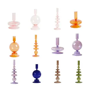 Wholesale Nordic Style Colored Glass Candlesticks for Wedding Candle Holder And Home Decoration Candle Jars Other Lanterns