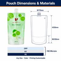 Pochette souple verticale de 200 ml (6,76 fl oz) avec bec verseur et trou de suspension, en OPP/NY/PE de 160 microns, finition mate, imperméable, pour gel douche, disponible en vert/rouge/blanc