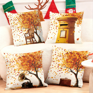 Autumnal throw pillows with vintage scenes of chairs mailboxes gramophones and suitcases under falling leaves - Product Image 1