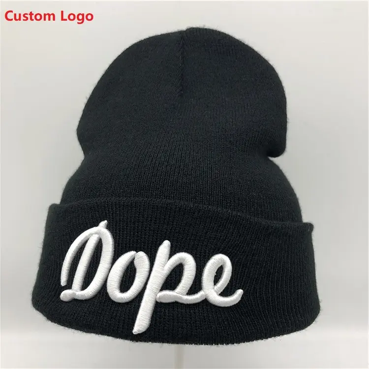 Beanies acrílicos reciclados para mujer, gorros de punto con logotipo personalizado, gorro cálido liso con logotipo bordado 3D, para invierno, venta al por mayor