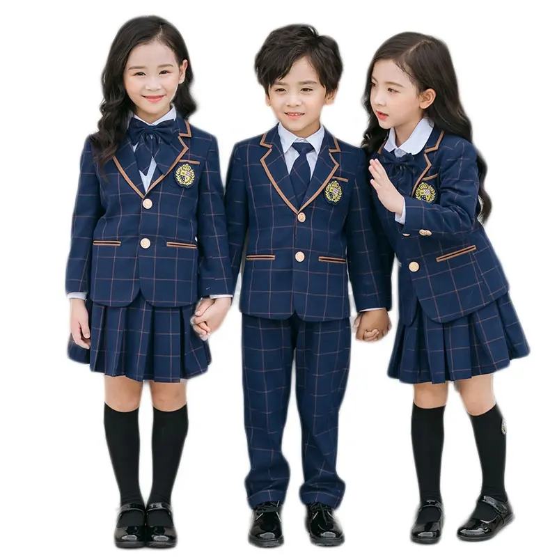 200セットカスタムキッズスクールユニフォームデザインチェック柄スクールブレザープリーツスカート/パンツ小学生ユニフォーム