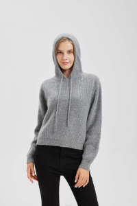 Pull en tricot à capuche gris pour femme, 100% acrylique, manches longues, vêtement décontracté pour l'automne - Product Image 2
