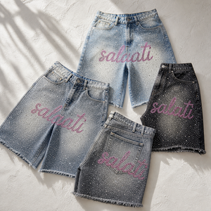 Shorts di Jeans da <span class=keywords><strong>Uomo</strong></span> di Produttore di <span class=keywords><strong>Abbigliamento</strong></span> Personalizzato, Stile Vintage a Gamba Dritta con Strass sull'Orlo Retrò, Estivi a Vita Media Effetto Sbiadito da Strada - Product Image 2