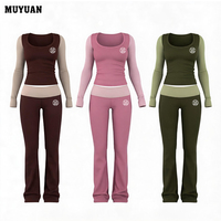 Set 2 Potong Pakaian Olahraga Wanita dengan Logo Kustom, Atasan Crop Ketat, Celana Yoga High Waist Model Flare, Warna Blok, Bahan Katun Spandex, untuk Musim Gugur, Fitness, dan Aktivitas