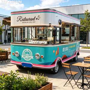 Diseño de autobús retro americano con detalles en azul lago y rosa contrastantes, personalización de la carrocería disponible. - Product Image 1