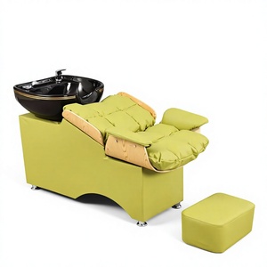 Lavacabezas de peluquería con lavabo cerámico, cama de belleza semireclinable con descarga de agua a pedal - Product Image 1