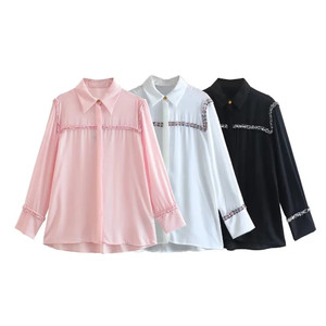 ANSZKTN Venta al por mayor de blusas de chifón transpirables de manga larga con solapa y costuras texturizadas para mujer, estilo europeo-americano, color liso, casual, para verano y otoño. - Product Image 1