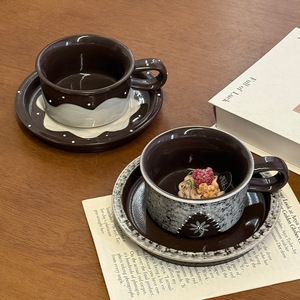 Ensemble tasse et soucoupe en grès rétro peint à la main, couleur marron, <span class=keywords><strong>250</strong></span> ml, mug de petit-déjeuner, cadeau - Product Image 1