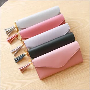 Fashion trifold women long clutch envelope wallet with heart shape decoration and tassel