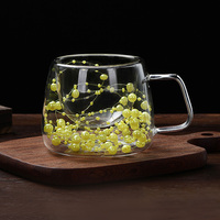 Tasses à café en verre borosilicate à double paroi avec fleurs séchées, fleurs préservées et garnitures de perles, décorations, cadeaux, verres à boire