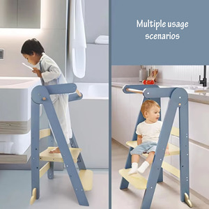 Kids Wooden Multi-function Folding Learning Tower with Handle Montessori 3 Adjustable Heights Kids <b>Step</b> <b>Stool</b> Chair - Product Image 3