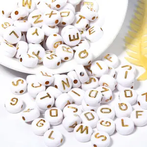 2021 Hot Available Bright Flat Round 4*7mm White Bottom Gold Letter Acrylic Beads