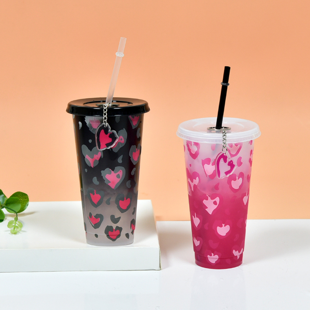 Fancy Plastic Cups with Lids and Straws Custom logo Printing Edible Cold Color-changing Plastic Cup