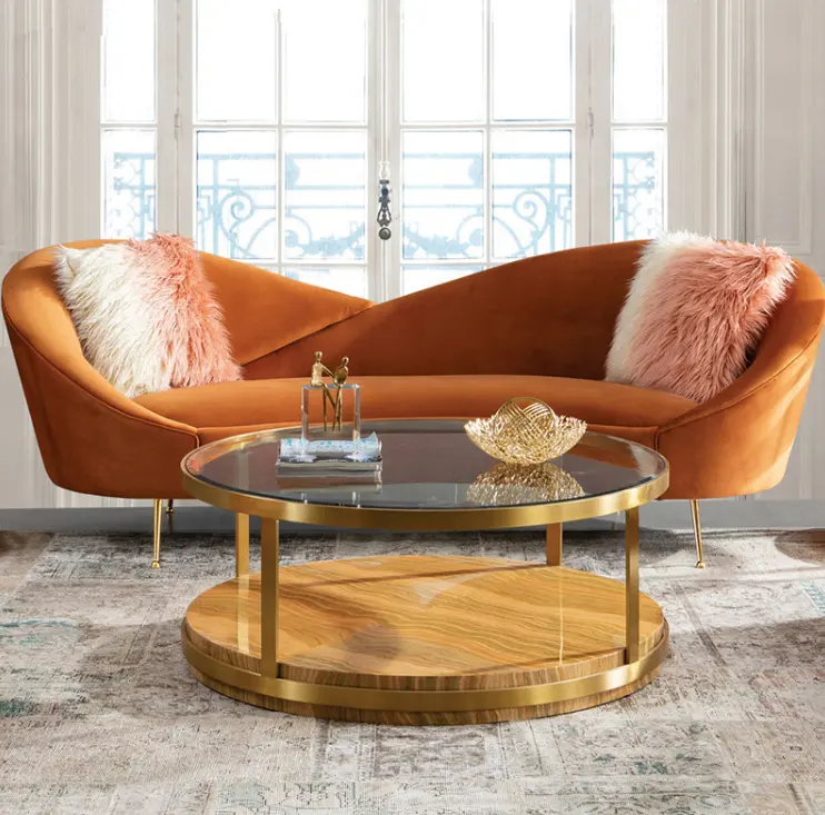 Altın çelik ayak ay tasarım ahşap oturma odası kanepe İtalyan kadife kumaş eğrisi kanepe