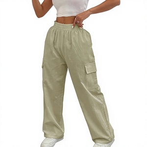Pantalon cargo taille mi-haute pour femme, couleur unie, coupe ample, longueur intégrale, en coton, décontracté, avec poches, taille élastique, style sport - Product Image 4