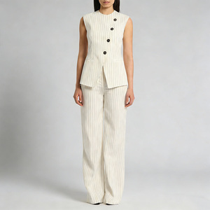 <span class=keywords><strong>Chaleco</strong></span> Elegante de Lino <span class=keywords><strong>con</strong></span> Rayas Color Marfil para <span class=keywords><strong>Mujer</strong></span>, Sin Mangas, <span class=keywords><strong>con</strong></span> Botones al Frente, Estilo Blazer, Ideal para Oficina, Verano - Product Image 4