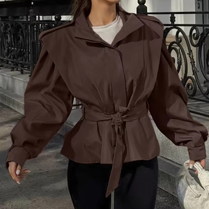 Chaqueta Ligera Casual para Mujer, Color Marrón Chocolate, Estilo Oversize, con Mangas Abullonadas, Cinturón y Cintura Ajustada, para Primavera y Otoño - Product Image 3