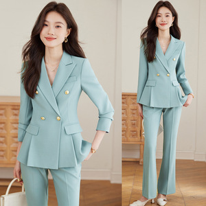 Women's Professional Suit <b>Set</b> Grey Double Breasted Slim Fit Formal <b>Office</b> Wear Autumn Winter 2025 Anti-Wrinkle Polyester - Product Image 2