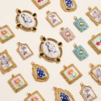 D967 Breloques en acier inoxydable plaqué or, design rétro, motif portrait floral peint à l'huile, émail fait main, accessoires de bijouterie DIY