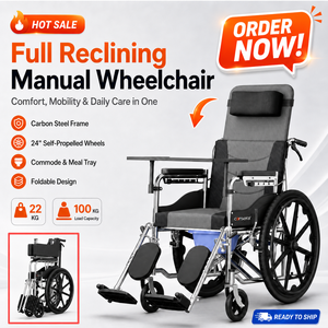 <span class=keywords><strong>Silla</strong></span> <span class=keywords><strong>de</strong></span> <span class=keywords><strong>Ruedas</strong></span> Manual Autopropulsada Completamente Reclinable con Asiento <span class=keywords><strong>de</strong></span> Acero al Carbono y Malla, <span class=keywords><strong>Ruedas</strong></span> Integradas <span class=keywords><strong>de</strong></span> 24 Pulgadas, Reposapiés Ajustables, Freno, Orinal y Mesa - Product Image 1