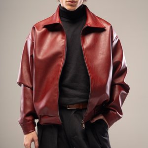 <span class=keywords><strong>Veste</strong></span> en cuir pour homme, style <span class=keywords><strong>motard</strong></span>, en PU rouge, avec fermeture éclair, logo personnalisé, épaules tombantes, surdimensionnée, streetwear <span class=keywords><strong>vintage</strong></span> - Product Image 2