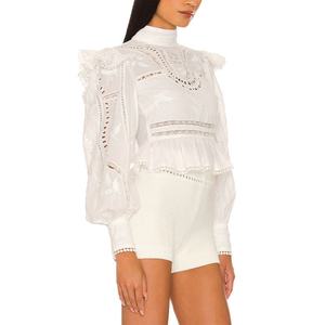 Haut court personnalisé pour femme, style lanterne, brodé, ajouré, à volants et dentelle, dos nu sexy, avec nœud, blanc, élégant - Product Image 3