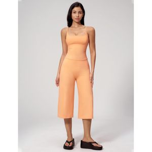 Womens Workout <b>Set</b> Spaghetti Strap Crop Top Matching Wide Leg Capri Pants Yoga Gym Pilates Outfit Breathable Spandex Polyester - Product Image 5