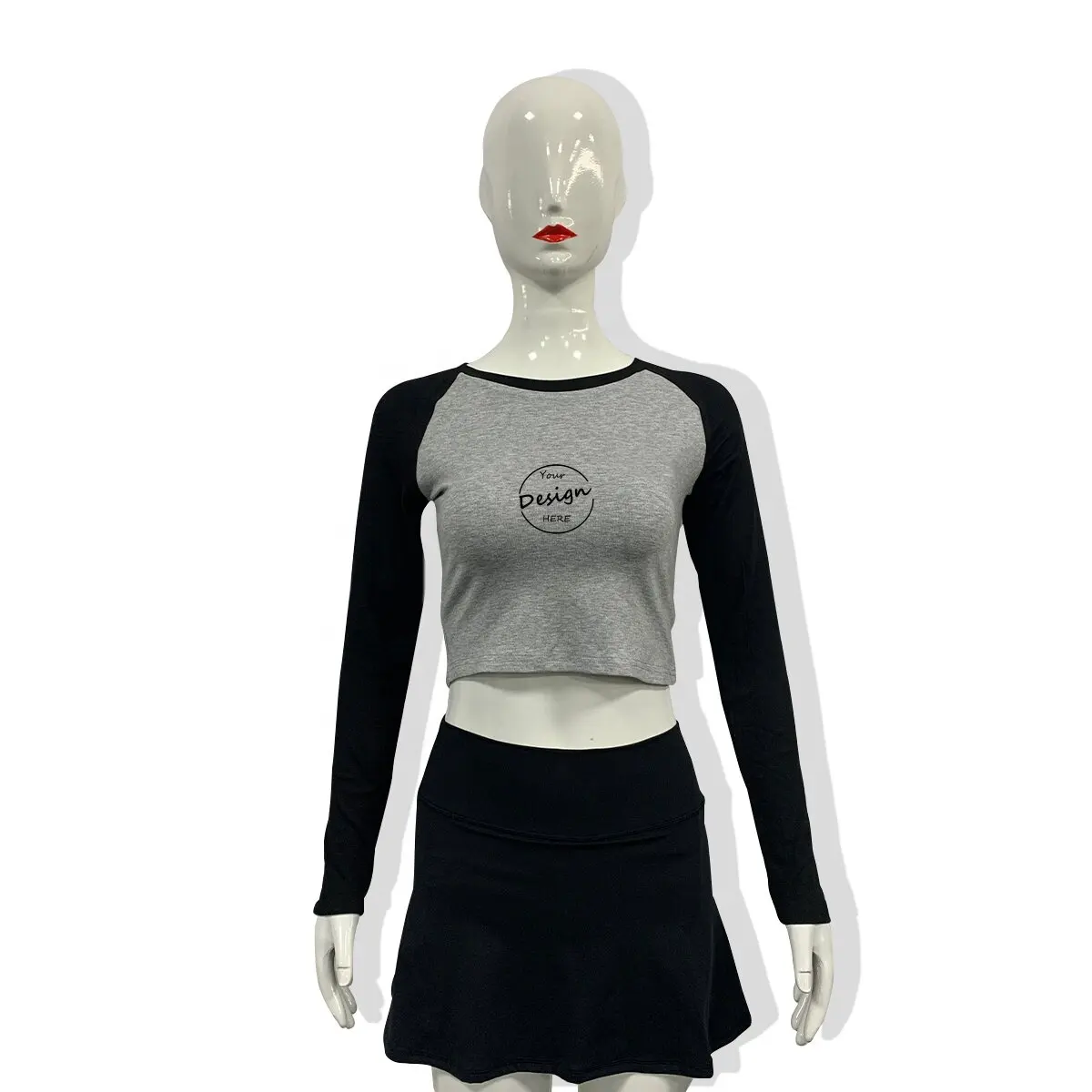 T-shirt con Logo personalizzato elegante con blocco di colore aderente a manica lunga Sexy alla moda all'ingrosso Low Moq Casual Top Crop Tshirt da donna