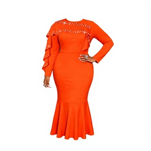 ADR051105 Robe de Soirée Sirène Midi Orange Élégante à Volants et Perles, Manches Longues, Taille Empire, Respirante et Écologique pour Femme - Product Image 3