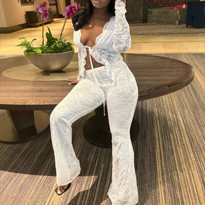 Women's <b>Sexy</b> Tie Hollow Cardigan Long Sleeve Lace Shirt Long Pants 2 Piece <b>Set</b> Fashion - Product Image 2