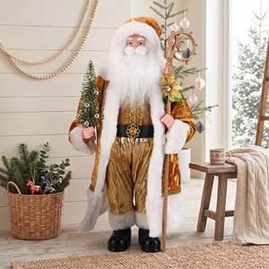 Mustard Gold Velvet Santa Claus Statue with Poinsettia Staff for Boutique Hotel Christmas Decor - Product Image 1