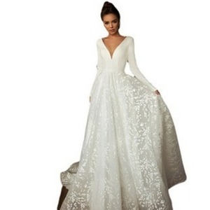 Elegant White Evening Gown Deep V Neck Long Sleeve Empire Waistline Wedding Beach Outdoor Hotel Simple Fashion Dress - Product Image 4