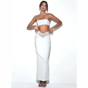 Undefined C3129 Geburtstags-und Party kleidung Langes Rockset Sexy Crop Top Glänzender Glitzer Langer Rock Zweiteiliges Matching Set