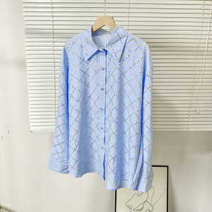 Women's Elegant <b>Rhinestone</b> Diamond-Patterned Casual Loose Lightweight Summer Breathable Long-Sleeve Collared Shirt <b>Top</b> - Product Image 3