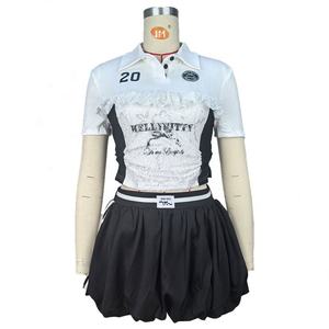 Ensemble jupe courte et haut à nœud en tricot décontracté pour femmes, motif vintage de dessin animé, dentelle transfrontalière, boucle, taille haute, jupe moelleuse - Product Image 5