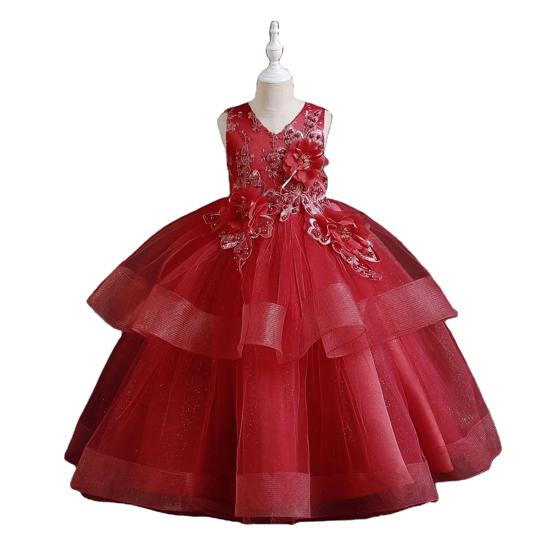 Alta calidad Maxi elegante vestido de bola princesa con cuentas flores vestido de niña para fiesta de boda