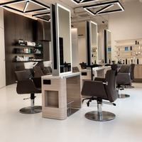 Station de coiffure moderne avec miroir double face, table de barbier, mobilier de salon en bois pour atelier